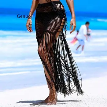 Seksi Tığ Bikini Kapak Ups Katı Plaj Kıyafeti Kadın 2021 Püskül Saide De Plage Oymak Robe De Plage Yüksek Bel Plaj Kapağı