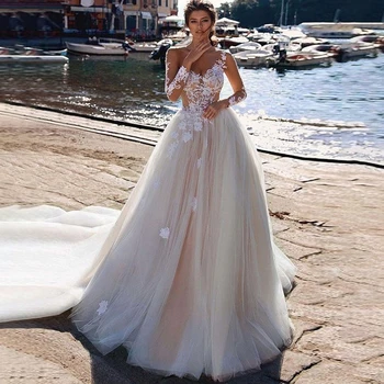 Seksi V Boyun gelinlik Uzun Kollu Dantel Aplike Sweep Tren ile düğün elbisesi Vestido De Noiva 2022 Illusion Mariage