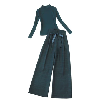 Set kadın moda yeni uzun kollu koyu yeşil artı kadife vahşi dip gömlek ve yüksek bel geniş bacak pantolon takım elbise