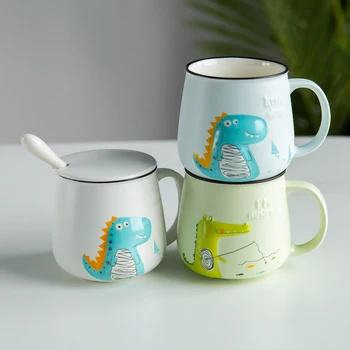 Sevimli Mr Dinozor Timsah Karikatür Seramik Kahve kaşıklı kupa ve Kapaklı Porselen Meyve Suyu İçme Bardağı Kahve Süt çay bardağı