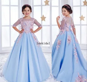 Sevimli Çiçek Kız Elbise Gökyüzü Mavi Dantel Illusion Pembe 3D Çiçek Aplike Yarım Kollu Çocuk Kız Pageant Elbise Prenses Önlük