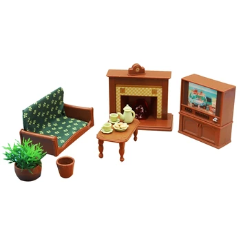 Simülasyon Mini Oturma Odası Kanepe Tv Seti Dekorasyon Dollhouse Çaydanlık Çay Fincanı Aperatif Kurabiye Çocuk Oyun Evi Oyuncaklar