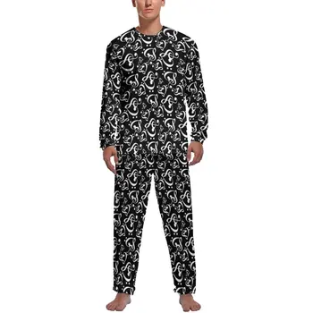Siyah Beyaz Kalp Pijama Erkek Müzik Sembolü Baskı Serin Kıyafeti Sonbahar Uzun Kollu 2 Parça Estetik Özel Pijama Seti