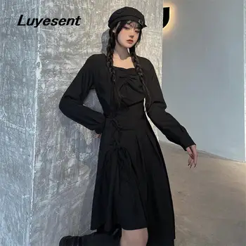 Siyah Gotik Bayan Pilili İmparatorluğu Elbise Kadınlar Dantel-up Düzensiz Uzunluk Elbiseler Artı Boyutu 4XL Serin Vestidos kore modası elbise