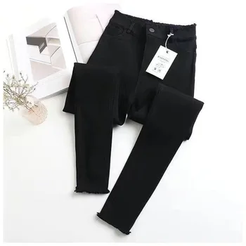 Siyah Ham kenarlı Kot kadın pantolonları Sonbahar ve Kış için Yeni Stil Yüksek Bel Dış Giyim Küçük Ayak Dokuz noktalı kalem pantolon