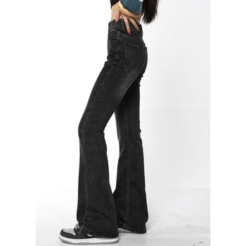 Siyah Yüksek Bel Kadın Kot Flare Pantolon Vintage Amerikan Moda Sokak Geniş Bacak Jean Kadın Kot Pantolon Baggy Kot Pantolon