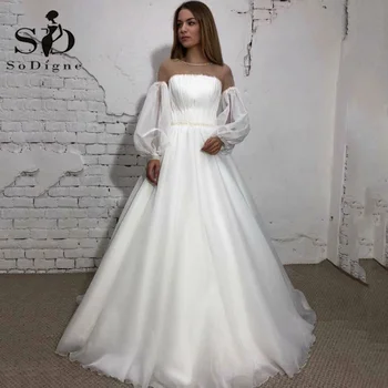 SoDigne Vintage Prenses düğün elbisesi 2022 O Boyun Puf Kollu Plise gelinlikler Kemer İle Vestido De Noiva Dubai gelin kıyafeti