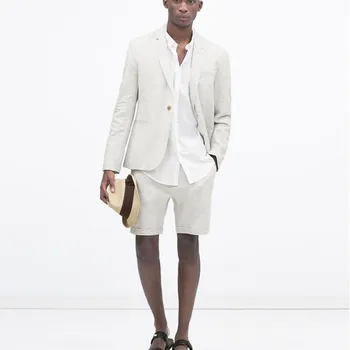 Son Pantolon Ceket Tasarımları Kremsi Beyaz Erkek Takım Elbise Kısa Pantolon Keten Rahat Plaj Yaz Takım Elbise Slim Fit 2 Parça Smokin Terno Vestidos