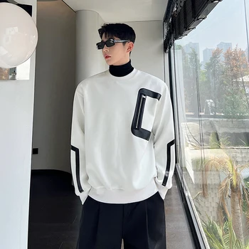 Sonbahar 2022 Erkekler Siyah Beyaz Splice Deri Fermuar Büyük Cep Kazak Tişörtü Erkek Streetwear Moda Hoodie Tişörtü