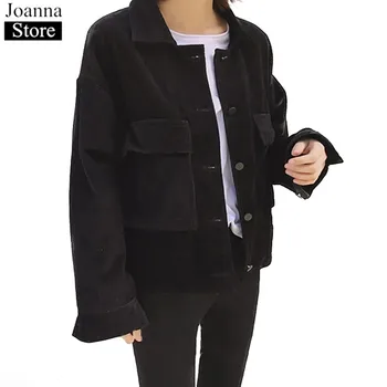 Sonbahar Harajuku Kadife Kısa Ceket Kadın Uzun Kollu Yaka Vintage Tek Göğüslü Palto Siyah Büyük Cepler Artı Boyutu Elbise
