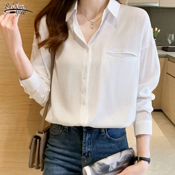Sonbahar Kadın Üstleri Kore Moda Uzun Kollu Gömlek Ofis Bayan Şifon Gömlek Şık Bluzlar Turn-aşağı Yaka Elbise Blusas 17377