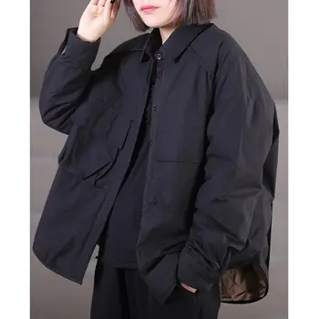 Sonbahar Kış Giysileri 2022 Yeni kadın Kore Versiyonu Gevşek Büyük Yaka Cep Pamuklu Gömlek Ceket Kısa Kapitone Ceket T1636