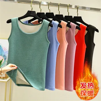 Sonbahar Kış Sıcak De Kadife Yelek Tankı Üstleri Kadın Kolsuz Camiş Mujer Kalın Iç Çamaşırı T Shirt dişi t parça Gömlek Femme
