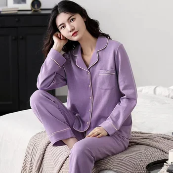 Sonbahar Pijama Setleri Kadın 100 % pamuklu gecelik Turn-Aşağı Yaka 2 adet / takım Artı Boyutu Ev Giysileri Kadın Pijama