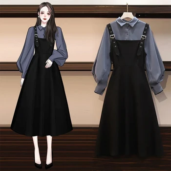 Sonbahar Takım Elbise askı elbise Kadın Yeni Moda Rahat Fener Kollu Gömlek Orta uzunlukta Siyah askı elbise İki parçalı Takım Elbise