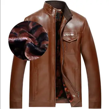 Sonbahar ve kış deri ceketler erkek standı yaka deri ceket erkek jaqueta de couro masculino kadife kalınlaşma kahverengi