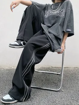Streetwear Takım Harajuku Tarzı Düz Gevşek Rahat Pantolon Moda Fermuar Bölünmüş Tasarım Sokak Pantolon Siyah Geniş Bacak Pantolon