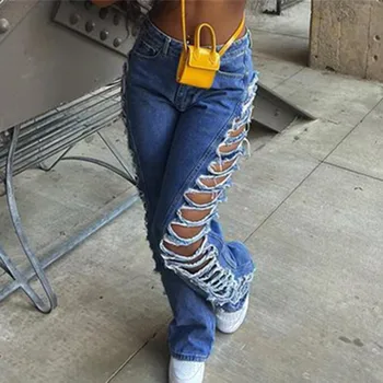 Streetwear düz Pantolon Bayanlar Yırtık Kot Yüksek Bel Gevşek Geniş Bacak Pantolon Kadın Kot Y2K Yaz Yüksek Sokak Kot kadınlar İçin