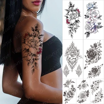 Su geçirmez Geçici Dövme Etiket Şakayık Erik Çiçeği Çiçek Siyah Flaş Dövmeler Kadın Minimalist Çizgi Vücut Sanatı Sahte Dövme