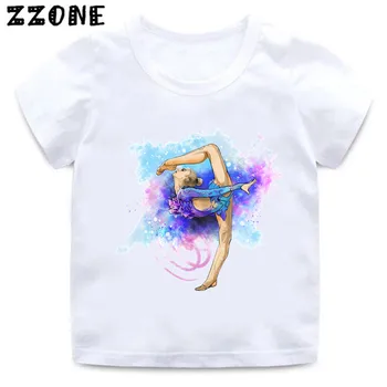 Suluboya Jimnastik Dansçı Baskı Çocuk T-Shirt Dans Kız Elbise Bebek Gömlek Yaz Rahat Kısa Kollu Çocuk Üstleri, HKP5474