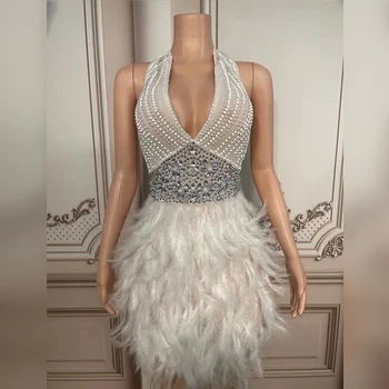 Tam Elmas Tüy boyundan bağlamalı elbise Kadınlar Seksi Rhinestone Elbise Parti Gece Kulübü Bar Şarkıcısı Performans Sürükle Kraliçe Elbise DN13562