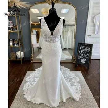 Tank V Boyun Kolsuz düğün elbisesi Mermaid / Trompet Backless Dantel Aplikler gelinlikler vestido de boda corte sirena 2022