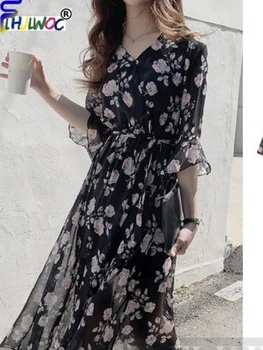 Taze Şifon Elbiseler Kadın Kore Tarzı Tasarım Ince Bel Tatil Balayı Parlama Kollu Beyaz Siyah Şifon Çiçek Elbise