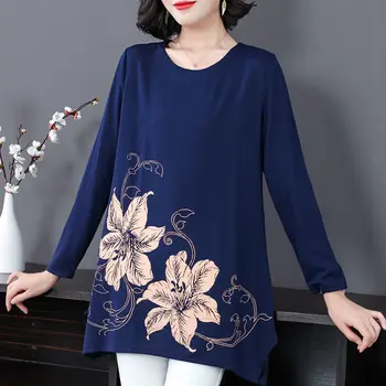 Tee Gömlek Kadınlar için İlkbahar ve Sonbahar Yeni Femme Kazak Orta Yaş Çiçek Baskı Giyim Moda Baskılı Üst T-Shirt T849