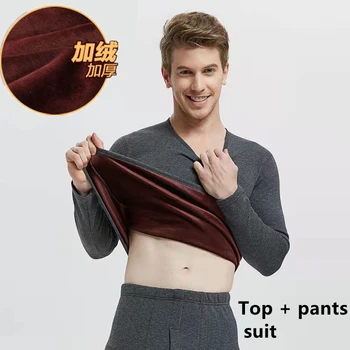Termal iç çamaşır Erkekler Paçalı Don Kış Kış termal iç çamaşır Artı Kadife Kalın Yuvarlak Boyun Üst + Pantolon Takım Elbise