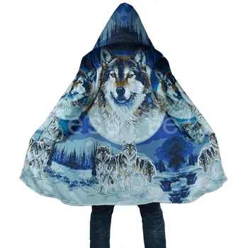 Tessffel Aborijin Tarzı Kurt 3D Baskı Moda Kış Erkek / Kadın Kapüşonlu Pelerinler Polar rüzgar kesici Unisex Rahat Sıcak Palto W1