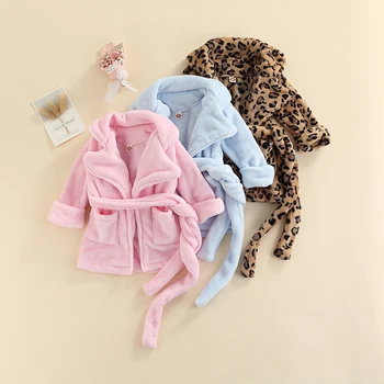 Toddler Bebek Pazen Bornoz Katı / Leopar Baskı Cep Elbise için Kemer ile Kız Erkek Bebek Havlu Çocuk Elbise Kemer İle