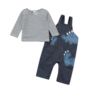 Toddler Erkek Bebek günlük kıyafetler Seti, Yuvarlak Boyun Kısa Kollu çizgili tişört Karikatür Tulum Takım Elbise