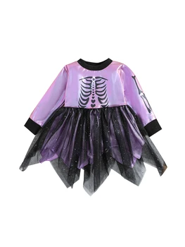Toddler Kız Cadılar Bayramı Patchwork Elbise Uzun Kollu İskelet Baskı Düzensiz Tül Hem Prenses Parti Elbise