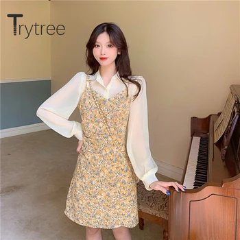 Trytree 2020 Bahar Kadın iki parçalı set Rahat Turn-aşağı Yaka Üstleri + askı elbise A-line Baskı Mini Moda Seti 2 Parça Set