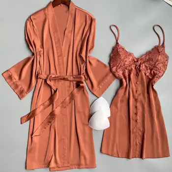 Twinset Kimono Elbise Seti Düğmeleri İle Kadın Saten 2 ADET Bornoz Askısı Gecelik V Yaka Gelin Düğün Pijama Yaz İç Çamaşırı