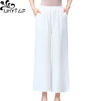 UHYTGF Yüksek Bel yazlık pantolonlar Kadın Siyah Beyaz Pamuk Keten Gevşek Geniş Bacak Düz Pantolon Kadın Ince Büyük Boy Pantolon 1340