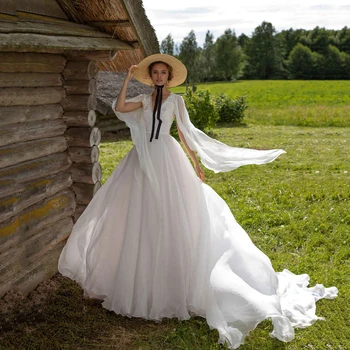 UZN Boho düğün elbisesi A-Line Uzun Kollu V Yaka Şifon gelinlikler Beyaz Kabarık Gelinler Elbise Custom Made