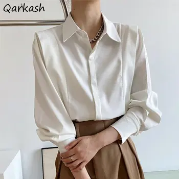 Uzun Kollu Gömlek Kadın Minimalist Baggy S-3XL Tasarımcı Zarif Kore Moda Giyim Ofis Bayanlar Camisas Saf Nazik Rahat