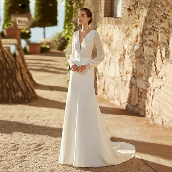 Uzun Kollu Yumuşak Leke düğün elbisesi A-Line Düğmesi Geri Sweep Tren gelin kıyafeti Vestido De Novia Custom Made Hochzeitskleid