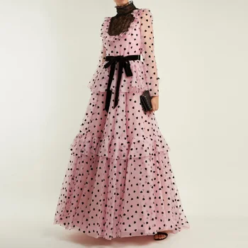 Uzun Vintage Pembe Polka Dot Parti Elbiseler Bayan 2023 Zarif Uzun Kollu Ruffles Pileli Maxi Elbise Tasarımcısı Robe Femme