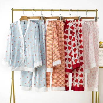 V Boyun Kadın Pijama Takım Gecelik Uzun Kollu Kıyafeti Gömlek Pantolon Ev Giyim Loungewear Gecelik Buz İpek Baskı 2 Adet