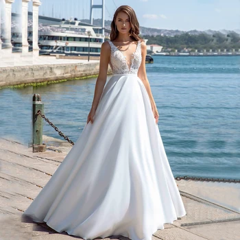 V Yaka Aplikler See Through Üst Düğmeler A-Line Tül Backless düğün elbisesi gelin kıyafeti Vestido De Noiva