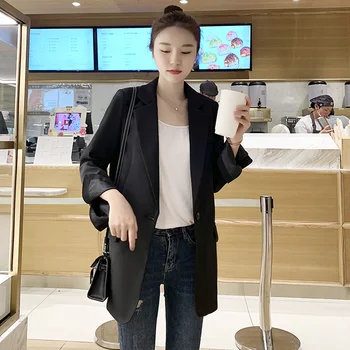 V Yaka Siyah Blazers Zarif moda elbise Kadın 2023 Sonbahar Bahar İnce Kore Tarzı Orta Uzunlukta Rahat Ceket İş Kıyafetleri