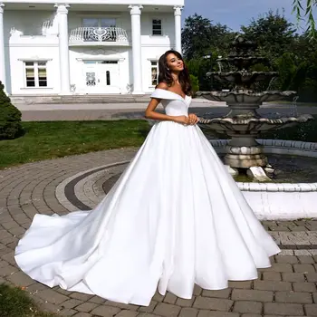 Vestido De Novia Beyaz Zarif Saten A-Line düğün elbisesi Seksi V Yaka Kapalı Omuz gelinlik Basit gelinlik