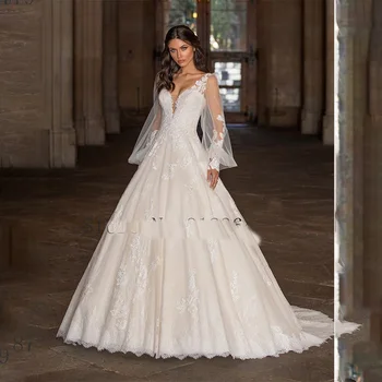 Vintage A-Line Uzun Puf Kollu düğün elbisesi Tül Kadın V Yaka Resmi gelinlikler Dantel Aplikler