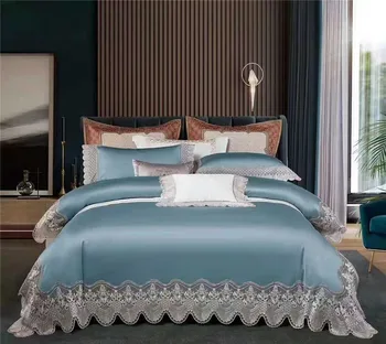 Vintage Fransız Dantel kenar Düz Renk 4 Adet Nevresim yatak örtüsü seti Premium 1000TCEgyptian Pamuk İpeksi Yumuşak Yatak yatak çarşafı Yastık Kılıfı