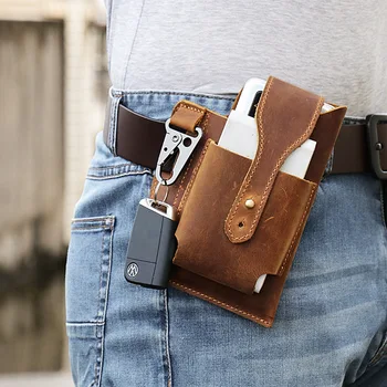 Vintage Hakiki Deri Bel Çantası Erkekler Kemer Bel Çantası Cep Telefonu Koruyucu Deri Kılıf Açık Taktik bel çantası
