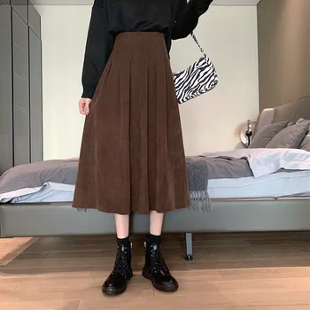 Vintage Kahverengi Kadife Tiki Tarzı Pilili Etek Kış Kadın Elastik Yüksek Bel Uzun Etek Bir Çizgi Siyah Kore Dipleri Elbise