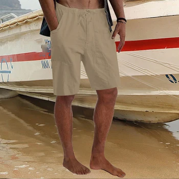 Vintage Katı Pamuk Keten Şort Erkekler Plaj Rahat Gevşek İpli Orta Bel Kısa Pantolon 2022 Yaz Moda Gevşek Erkek Şort