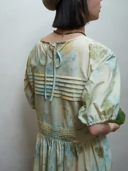 Vintage Orijinal Tasarım Bitki Üst boya Baskılı Rami Pilili Kadın Elbise Yüksek Kalite Retro Moda Elbise Puf Kollu Prairie Şık